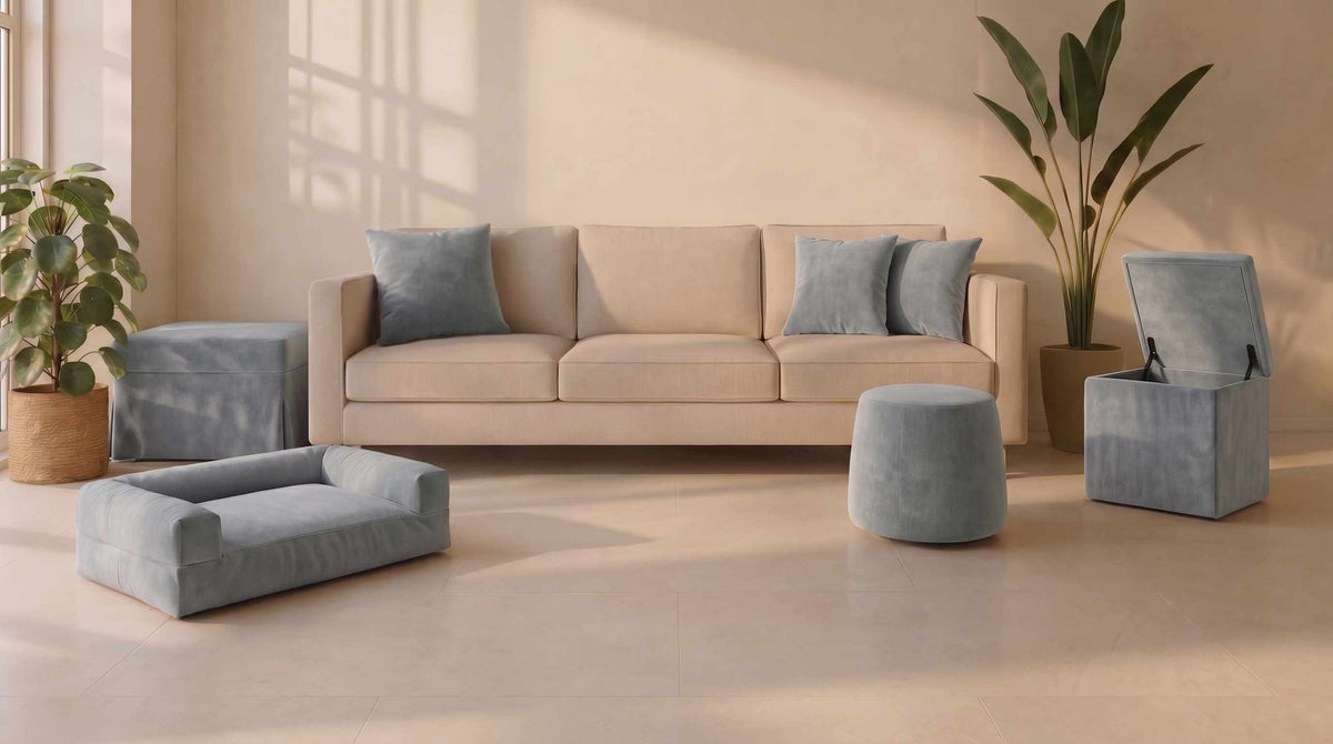 Divano con cuscini, pouf contenitore e cuccia RelaXte celeste